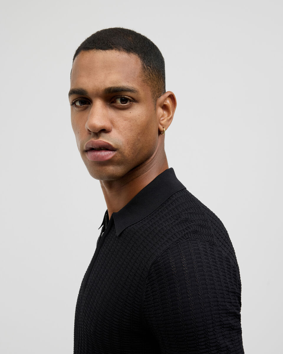 Textured Zip-up Knit Polo, Black, hi-res